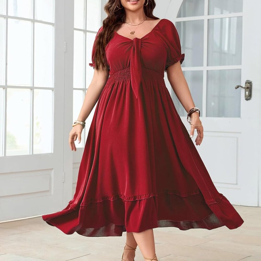 Women’s Plus Size Summer Maxi Dress V Neck Short Sleeve Boho Casual - Picture 6 of 6